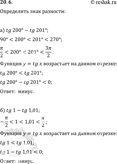 Изображение Определите знак разности:а) tg 200° - tg 201°;	в) tg 2,2 - tg 2,1;б) tg 1 - tg 1,01;	г) tg 3Пи/5 - tg...