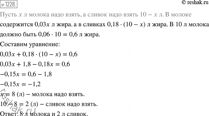 Изображение 1228. В первом бидоне было молоко жирностью 3 %, а в другом — сливки жирностью 18 %. Сколько надо взять молока и сколько сливок, чтобы получить 10 л молока жирностью 6...