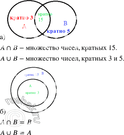 Изображение 807. (Для работы в парах.) Проиллюстрируйте с помощью кругов Эйлера соотношение между множествами А и В и найдите пересечение и объединение этих множеств, если:а) А —...