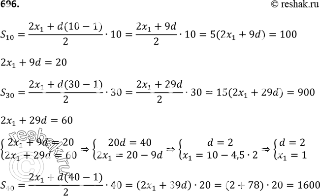 Изображение 696 Найдите сумму первых сорока членов арифметической прогрессии, если сумма первых десяти её членов равна 100 и сумма первых тридцати её членов равна...