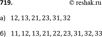 Изображение 719. Из цифр 1, 2, 3 составьте все возможные двузначные числа при условии, что:а) цифры в числе не повторяются;б) допускается повторение цифр в...