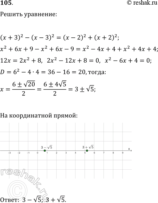 Изображение 105. Решите уравнение(х + 3)2 - (x - З)2 =(x-2)2 +(x+2)2и отметьте его корни на координатной...
