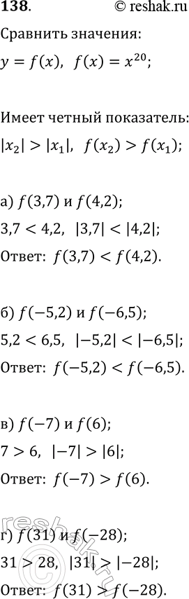 Изображение 138. Функция задана формулой f(x) = х20. Сравните:а) f(3,7) и f(4,2);	б) f(-5,2) и f(-6,5);	в) f(-7) и f(6);г) f(31) и...