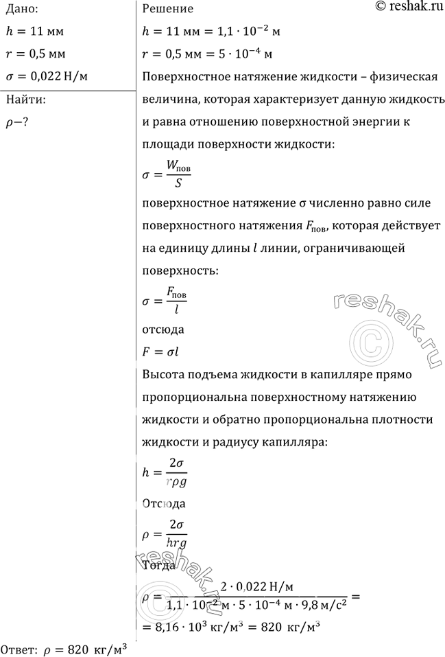 Изображение В капиллярной трубке радиусом 0,5 мм жидкость поднялась на 11 мм. Найти плотность данной жидкости, если ее коэффициент поверхностного натяжения 22...