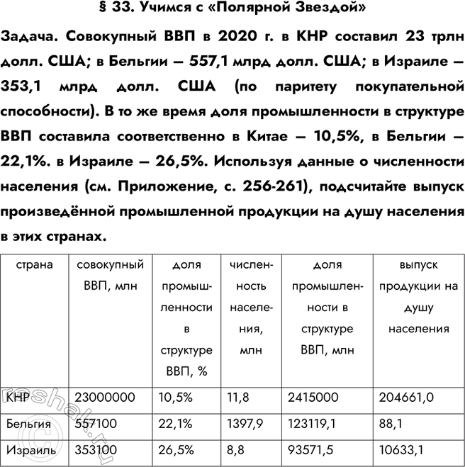Изображение § 33. Учимся с «Полярной Звездой»Задача. Совокупный ВВП в 2020 г. в КНР составил 23 трлн долл. США; в Бельгии – 557,1 млрд долл. США; в Израиле – 353,1 млрд долл. США...