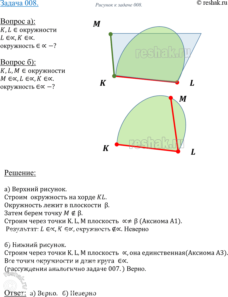Изображение 8 Верно ли утверждение: а) если две точки окружности лежат в плоскости, то и вся окружность лежит в этой плоскости; б) если три точки окружности лежат в плоскости, то и...