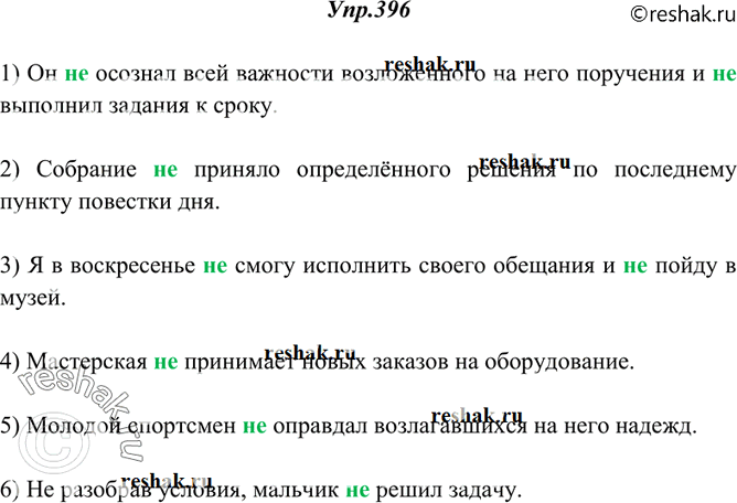 Изображение 396. Спишите, вставляя вместо точек отрицание не и перестраивая соответствующим образом предложения.1) Он ... осознал всю важность возложенного на него поручения и ......