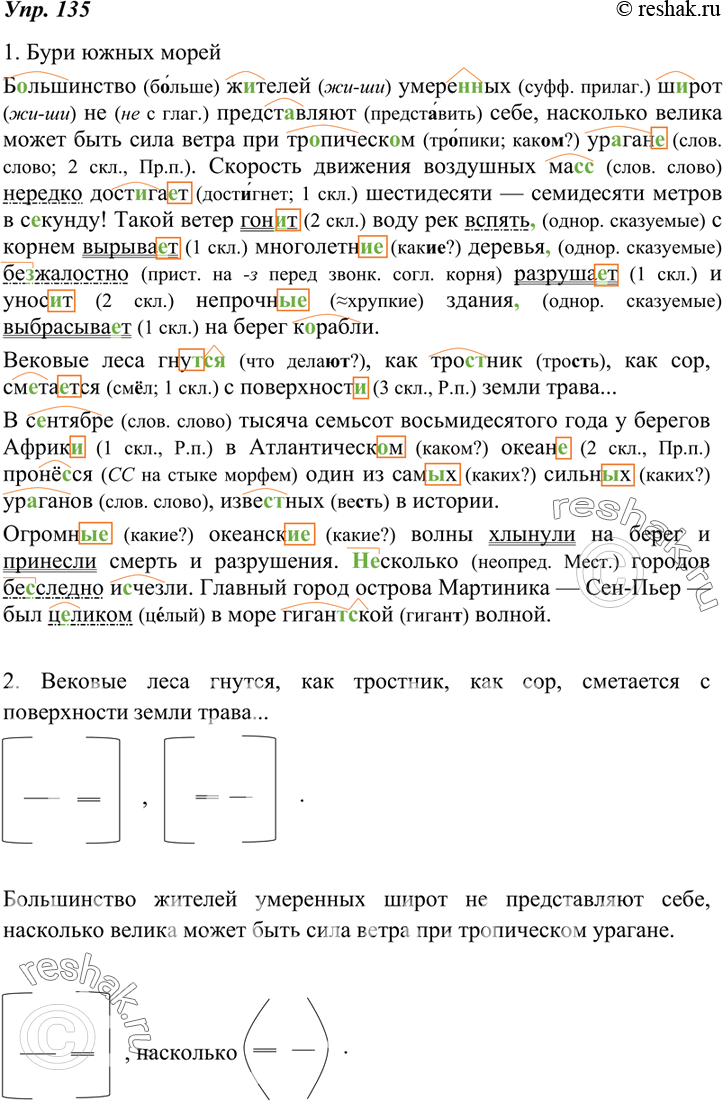 Изображение 135. 1.Спишите текст, восстанавливая знаки препинания и пропущенные буквы. Обозначьте морфемы, в которых пропущены буквы. В случае сомнения пользуйтесь орфографическим...