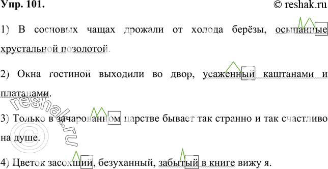 Изображение 101 Спишите, заменяя глаголы, заключённые в скобки, страдательными причастиями прошедшего времени. Обозначьте в причастиях суффиксы и окончания. Выделите причастные...