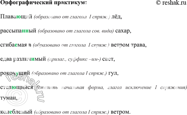 Изображение Плавающий (образовано от глагола  I спряж.) лёд, рассыпанный (образовано от глагола сов. вида) сахар, сгибаемая в (образовано от глагола  I спряж.) ветром трава,...