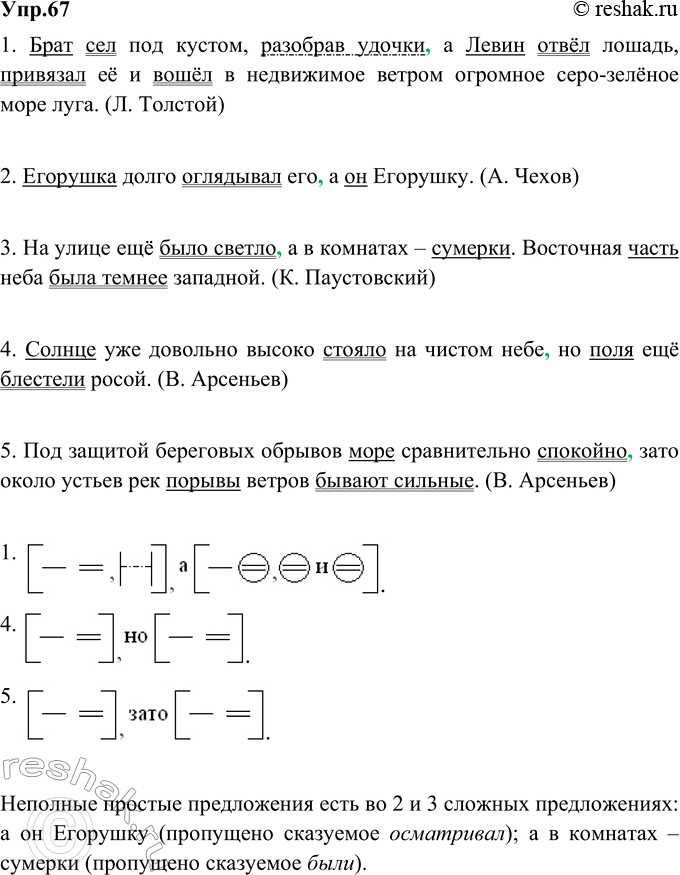 Изображение 67. Спишите, расставляя пропущенные запятые и подчёркивая грамматические основы. Составьте схему 1, 4, 5-го предложений. • В каких сложных предложениях есть неполные...