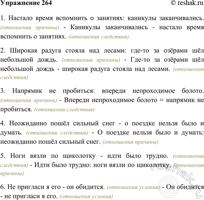 Изображение 264 Прочитайте вслух и проанализируйте бессоюзные сложные предложения, определяя характер смысловых отношений между их частями.1. Настало время вспомнить о занятиях:...